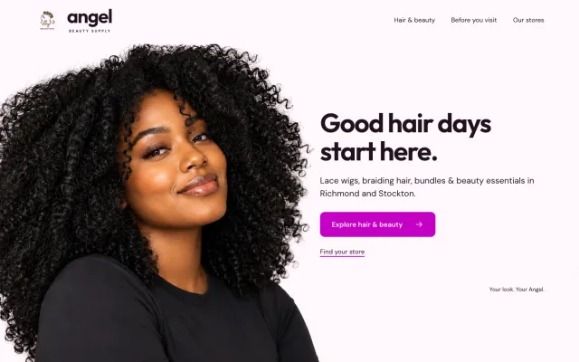 Angel Beauty Supply landing page: a generated portrait of a woman with full curly hair beside the headline Good hair days start here.