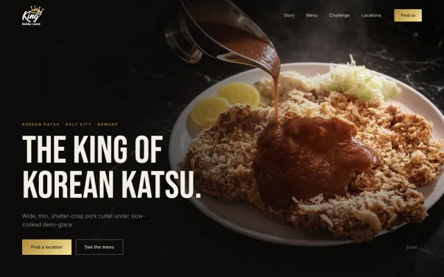 King Katsu Land landing page with its logo, katsu hero and location and menu links