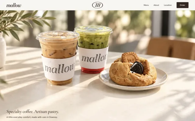 Cafe Mallow staging landing page with its navigation, coffee, matcha and cookies