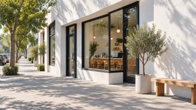 A small corner cafe in morning sun, with an olive tree and a wooden bench outside