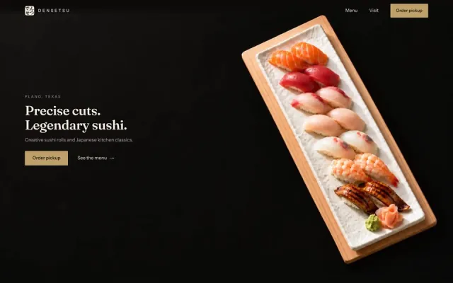 Densetsu live landing page: a long plate of nigiri on black under the headline Precise cuts. Legendary sushi.